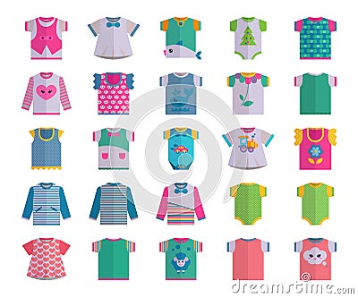 Vector flat baby infant clothes textile icon set design casual fabric colorful dress child garment wear illustration t Vector Illustration