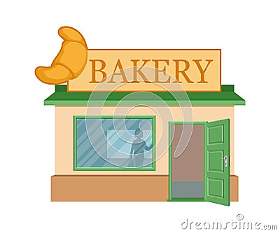 Vector flat bakery shop. Facade of bakery shop isolated on white background. Bakery shop house. Bake bread. Bakery emblem. Vector Illustration