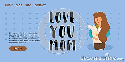 4Vector Flat Banner love you mom girl brown hair. Vector Illustration