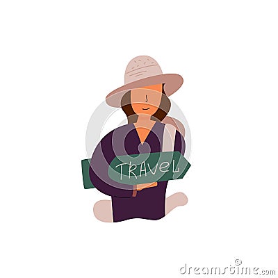 Vector flat banner travel time girl in brown hat Vector Illustration