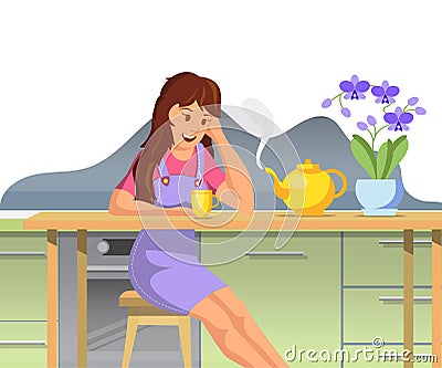 Vector Flat Beautiful Girl Woke up Washed up. Vector Illustration