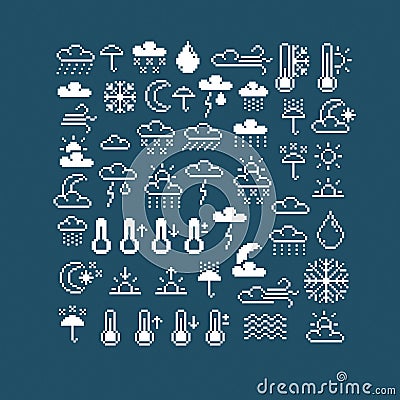 Vector flat 8 bit meteorology icons, collection of simple geometric pixel symbols. Digital web signs created in weather forecast Vector Illustration