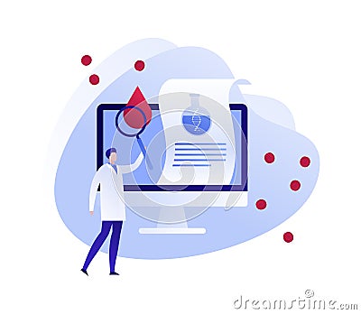 Vector flat blood laboratory character illustration. Medic team with magnifier on computer screen background. Concept of Vector Illustration