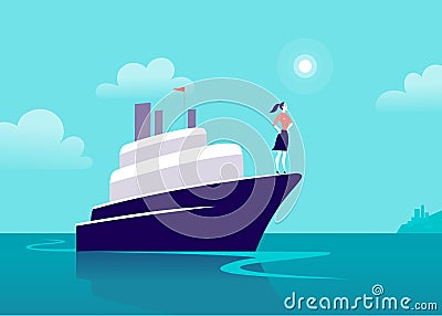 Vector flat business illustration with business lady sailing on ship through ocean towards city on blue clouded sky. Vector Illustration