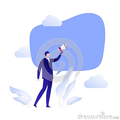 Vector flat business leadership and marketing illustration. Male with loud speaker and talk bubble. Concept of motivation, Cartoon Illustration