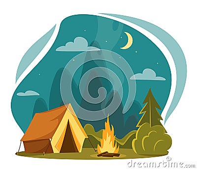 Vector flat cartoon camping illustration. Family Adventure. Night landscape with tent, campfire, rocky mountains, forest. Vector Illustration