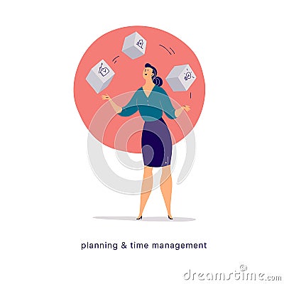 Vector flat cartoon illustration of business lady office character juggle blocks isolated on light background. Vector Illustration