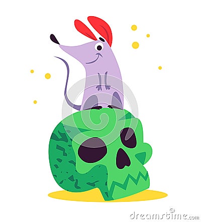 Vector flat cartoon illustration with Halloween funny mouse character sitting on green skull isolated on white background. Vector Illustration