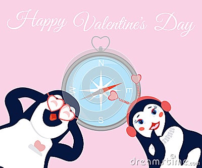 Vector flat cartoon illustration of a penguin couple.A couple of penguins in love goes on a trip.The compass shows them Vector Illustration