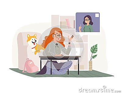 Vector flat cartoon illustration of young girl student at laptop having online lesson at home. Distance study Vector Illustration