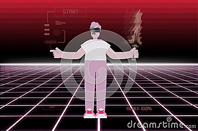 Vector flat character of a game addicted boy in VR headset in virtual reality holding a neon sword Vector Illustration