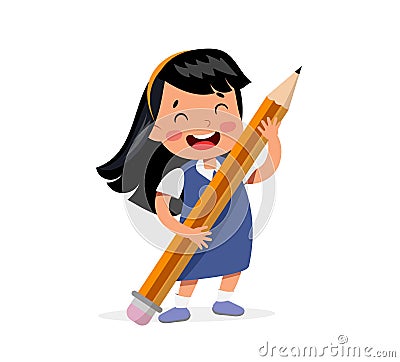 Vector flat cheerful school girl with pencil Vector Illustration