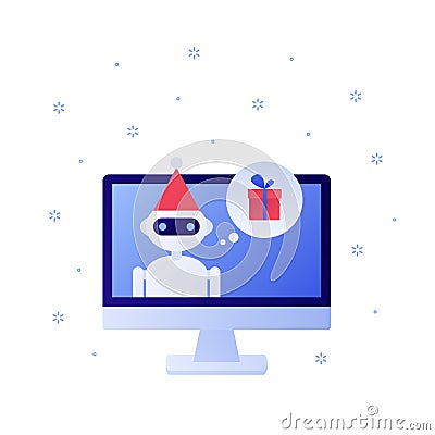 Vector flat christmas celebration technology person illustration. Android on screen in santa hat isolated on white background. Cartoon Illustration