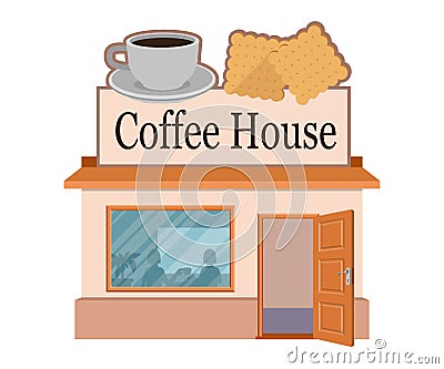 Vector flat coffee house. Facade of coffee house isolated on white background. Street coffee house. Freshly brewed coffee. Cafe Vector Illustration