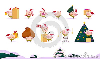 Vector flat collection of Merry Christmas happy pig elf - ring bell, carry lollipop, present box, gift bag, fir tree, decorate New Vector Illustration