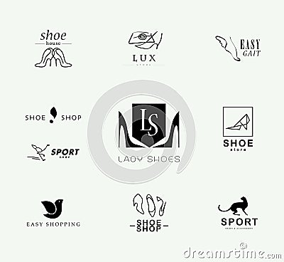 Vector flat collection of stylish modern shoe logo for women, men and kids. Vector Illustration