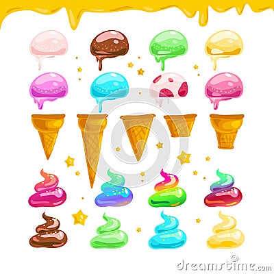 Vector flat collection of tasty sweet colorful ice cream cones elements isolated Vector Illustration