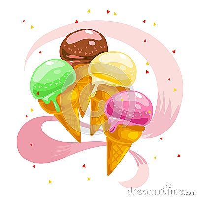 Vector flat collection of tasty sweet ice cream cones isolated on white background. Vector Illustration