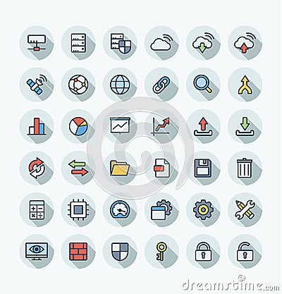 Vector flat color thin line icons set with big data and analytics technology outline symbols Vector Illustration