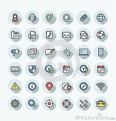 Vector flat color thin line icons set with contact us, technical support service outline symbols. Vector Illustration