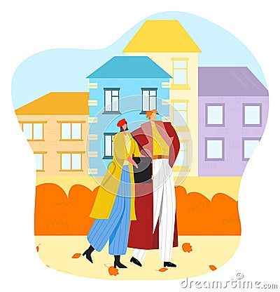 Vector flat couple in love walking on street. Vector Illustration