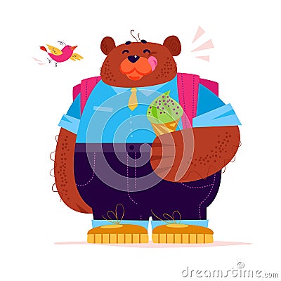 Vector flat cute big bear student character standing with ice cream cone on white background. Vector Illustration