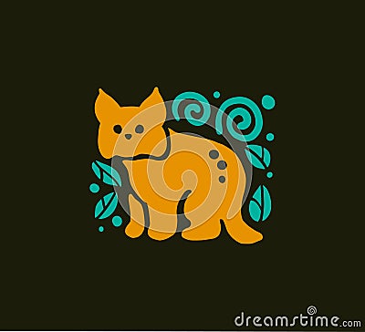 Vector flat cute funny hand drawn lynx animal silhouette isolated on dark background. Vector Illustration