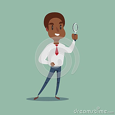 African Manager character looking through a magnifying glass. Vector Illustration