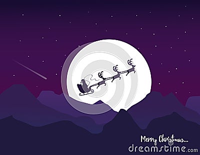 Christmas card snata on the moon background. Vector Illustration