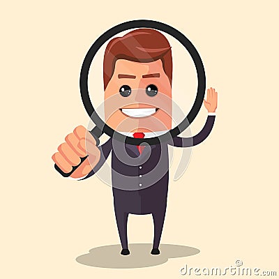 Vector flat design illustration. Manager character looking through a magnifying glass. Vector Illustration