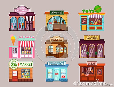 Vector flat design restaurant shops facade storefront market building architecture showcase window illustration. Vector Illustration