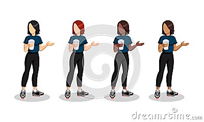 Vector flat digital illustration, set of different races sporty girls, women with cups of coffee in hands. Vector Illustration