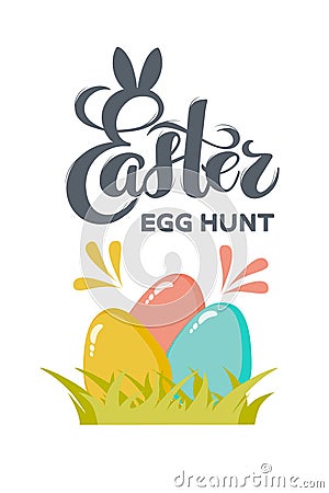 Vector flat Easter eggs with hand drawn text Easter egg hunt for greeting card, holiday poster, banner, invitation, Easter promo, Stock Photo