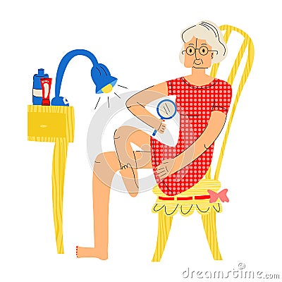 Vector flat of elderly woman examining her foot with magnifying glass. Vector Illustration