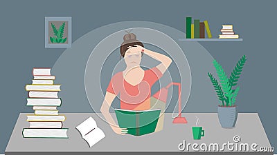 Vector flat exhausted tired girl student or worker sitting at table with book pile, coffee cup, lamp and plant at late night. Vector Illustration