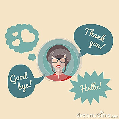 Vector flat female round icon with speech bubbles and text Hello, Good bye, Thank you. Vector Illustration