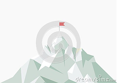 Vector flat flag on mountain. Low poly design. Success illustration. Goal achievement. Business concept. Winning of Vector Illustration