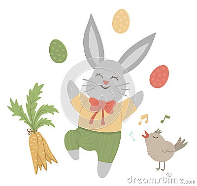 Vector flat funny bunny with colored eggs, carrot and singing bird. Cute Easter illustration. Spring holiday picture isolated on Vector Illustration