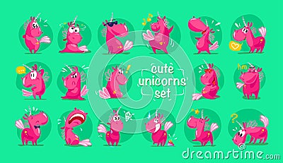 Vector flat funny unicorn characters collection isolated on green background. Vector Illustration