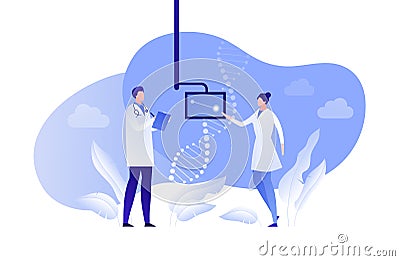 Vector flat genetic science people illustration. Scientist team with dna symbol on screen isolated on white background. Concept of Vector Illustration