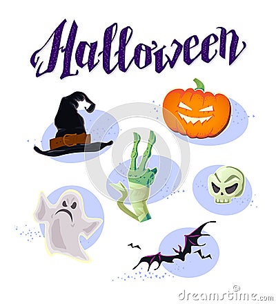 Vector flat halloween card, banner, poster, placard, party invitation, flayer design elements. Vector Illustration