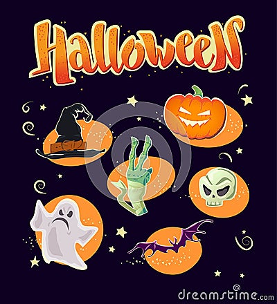 Vector flat halloween card, banner, poster, placard, party invitation, flayer design elements. Vector Illustration