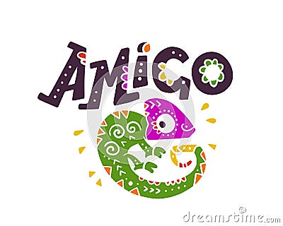 Vector flat hand drawn illustration with funny smiling chameleon and lettering Amigo isolated on white background. Vector Illustration