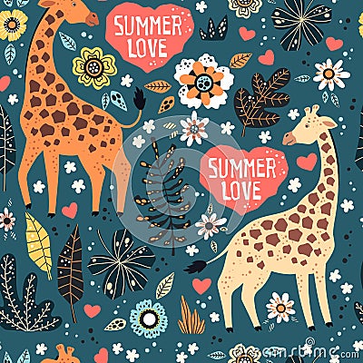 Vector flat hand drawn. Pattern. Giraffes with tropical plants and flowers Vector Illustration
