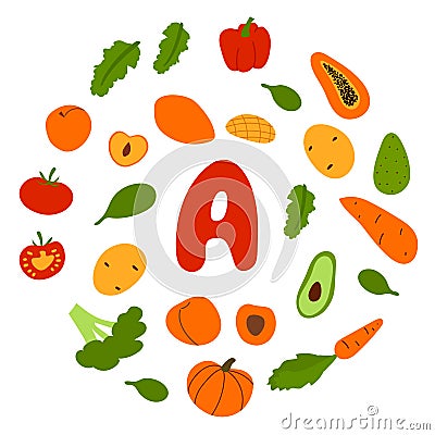 Vector flat hand drawn veggies and fruits rich in vitamin A Vector Illustration