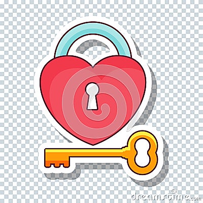 Vector flat heart lock with key sticker for Valentine`s Day Vector Illustration