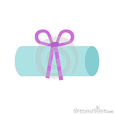 Web Vector flat icon of an elegant blue cylindrical gift box with purple bow. Element of decoration. Vector Illustration