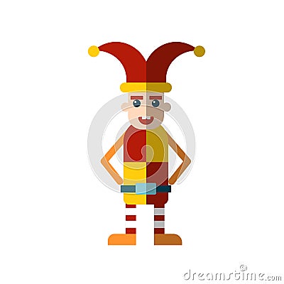 Vector flat icon of the royal jester fool in funny clothes and a hat with bells. Jester fool from royal court or circus Vector Illustration