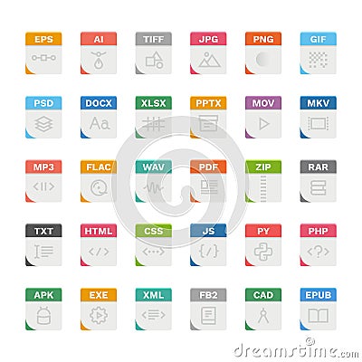Vector flat icon set of file formats with outline icons Vector Illustration