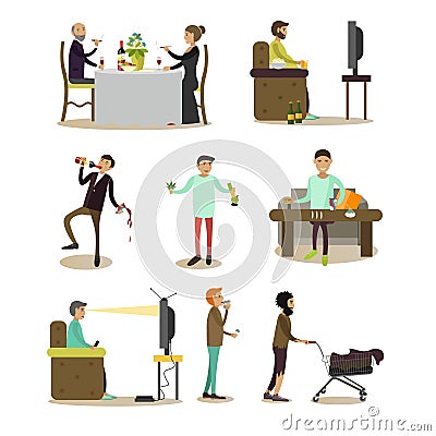 Vector flat icons of bad habits people set Vector Illustration